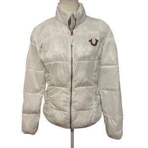 True Religion White Lightweight Puffer Jacket Women’s Medium Logo Zip Coat